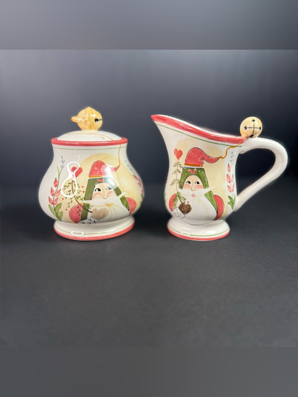 Vintage D Calla House of Hatten Santa Creamer & Covered Sugar Bowl Hand Painted
